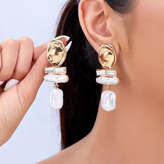 Irregular Oval Faux Pearl Tassel Earrings, 18K Gold Plated Alloy with Baroque Pearl Drops, French Vintage Statement Dangle Earrings for Women