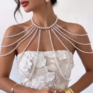 Pearl Tassel Shoulder Chain Necklace - Multi-Layer Drape Bodice Chain, White Pearl Collar for Slip Dress, Wedding Bridesmaid & Party Accessory, French Vintage Style