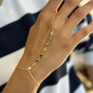 Luxury Color Gemstone Finger Chain Bracelet for Women, Gold Plated Alloy with Micro-Paved Zircon, Two-Way Wrap Hand Jewelry 16+7.5cm