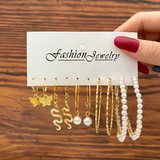 Vintage Butterfly Pearl Drop Earrings 6-Piece Set, 18K Gold Plated Alloy, French Chic Hoops & Studs Combo Jewelry Gift Set