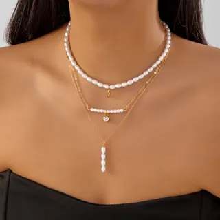 3-Piece Layered Pearl Necklace Set with Rhinestone Drop Tassel, Gold-Plated Alloy 18K, 35+5cm Adjustable, Elegant Women's Choker Chain
