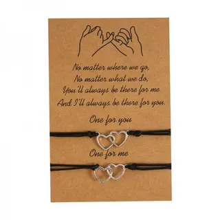 Couples Bracelet Set - Interlocking Double Heart Charm Woven Cord Bracelets, Adjustable 16-30cm, Alloy & Wax String, Gift Card Packaging for Valentine's Day & Anniversary