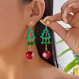 Christmas Tree Bell Star Dangle Earrings, Alloy Gold-Plated Green Hollow Tree with Red Snowflake Ball & Gold Star, Festive Holiday Party Jewelry Gift for Women