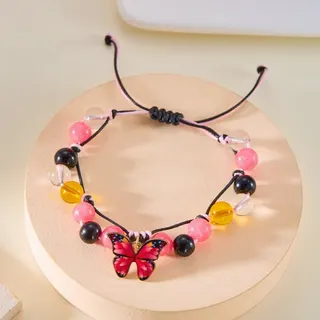 Purple Butterfly Beaded Bracelet - Colorful Crystal Stone Charm Wristband with Adjustable Elastic Cord 14-28cm, Sweet Boho Style for Women Girls
