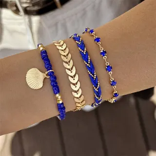 Boho Shell Bracelet Set of 4 - Royal Blue & Gold Beaded Braided Rope Crystal Chain Stacking Bracelets, 18K Gold Plated Alloy, Beach Vacation Jewelry for Women