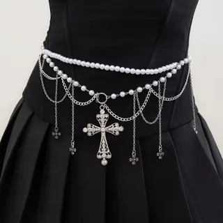 Gothic Cross Pearl Waist Chain for Women, Silver Alloy Rhinestone Tassel Belt, Y2K Punk Hip Chain for Party & Cosplay