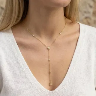 Minimalist Y-Shape Flower Necklace, 18K Gold Plated Stainless Steel with Zirconia, Tassel Pendant Choker Chain 44+5cm, Hypoallergenic Tarnish-Free Jewelry for Women
