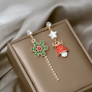 Christmas Earrings Women Asymmetric Long Tassel Dangle Earrings Enamel Bell Snowflake Geometric Drop Earrings 18K Gold Plated Alloy Holiday Party Jewelry Gift