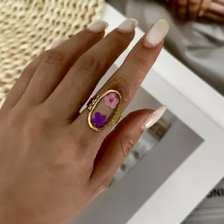 Vintage Dried Flower Resin Ring, Irregular Gold Hammered Frame with Real Pink Purple Yellow Flowers, Stainless Steel 18K Gold Plated, Boho Statement Stackable Ring for Women