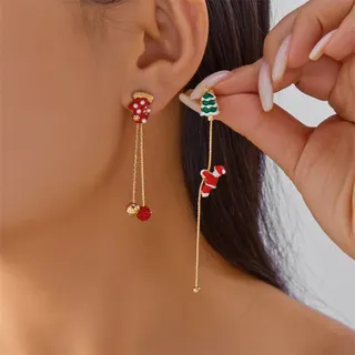 Crawling Santa Claus Asymmetric Dangle Earrings, 18K Gold Plated Alloy, Red & Gold Long Tassel Christmas Party Earrings, ~8.5cm, 1 Pair