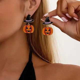 Halloween Pumpkin Earrings Witch Hat Candy Corn Dangle Earrings, 3D Enamel Alloy Gold-Plated Dangle Earrings for Party Cosplay, 6x2cm Pair