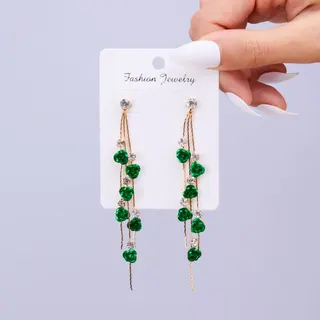 Purple Rose Floral Dangle Earrings - Long Rhinestone Tassel Drop Earrings, French Vintage Rose Flower Ear Studs, Gold-Plated Alloy & Resin, 8.5cm, Pair