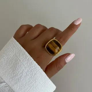 Stainless Steel Vintage Maillard Amber Resin Ring Irregular Square 18K Gold Plated Statement Finger Ring for Women 1.8cm