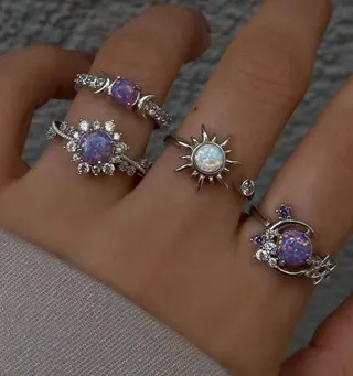 Sun Moon Star Ring Set - Opalescent Gemstone & Cubic Zirconia, Silver Alloy, Celestial Stacking Rings for Women, 4-Piece Jewelry Set