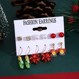 Christmas Earrings Set Alloy 18K Gold Plated Christmas Tree Bow Light Bulb Pearl Drop Earrings Holiday Party Gift Jewelry