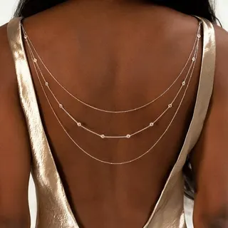 Gold Body Chain Necklace for Back - Alloy with Rhinestone Drops, 66+22cm Lingerie & Wedding Back Chain, Sexy Party Body Jewelry