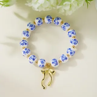 Blue & White Porcelain Bead Bracelet with Gold Bow Charm, Ceramic Beads + Alloy 18K Gold Plated, 18cm Chinese Style Handmade Jewelry for Women