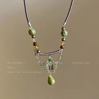 Vintage Boho Butterfly Beaded Necklace - Alloy Hollow Butterfly Pendant with Colorful Beads & Teardrop Charm, Adjustable 36.5+10cm, Elegant Statement Jewelry for Women