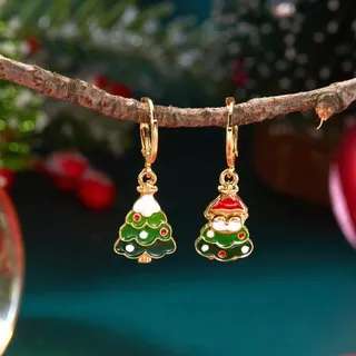 Christmas Tree Earrings for Women, 18K Gold Plated Alloy Dangle Earrings with Enamel & Rhinestone, Festive Red Green Holiday Drop Earrings, 1 Pair