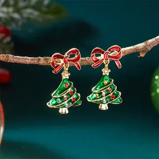 Christmas Tree Earrings Women, Red Bow & Green Enamel Christmas Tree Dangle Earrings with Multicolor Rhinestones, 18K Gold Plated Alloy Holiday Jewelry Gift, 3.7cm