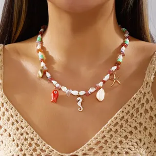 Boho Ocean Necklace with Seahorse Fish Shell Starfish Conch Charms, Ceramic & Stone Beaded Choker, Gold Alloy, Adjustable 45+5cm Beach Vacation Jewelry for Women