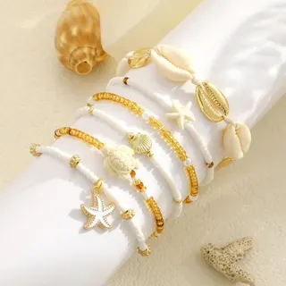 Ocean Beach Style Bracelet Set - Resin Starfish Turtle Shell Beads with Gold Accents, 18cm Stackable Summer Vacation Jewelry for Women
