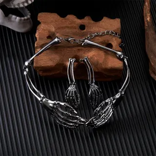 Gothic Skeleton Hand Necklace & Earring Set, Punk Vintage Alloy Silver Plated with Rhinestone, Halloween Cosplay Statement Jewelry
