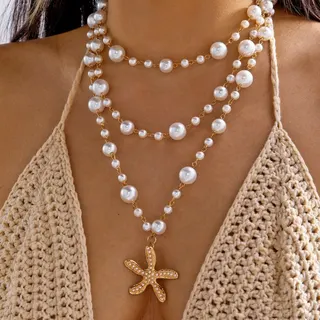 Long Layered Pearl Starfish Necklace, 18K Gold Plated Alloy with Rhinestone Starfish Pendant, 100cm Boho Beach Jewelry for Women