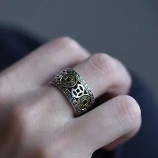 Lucky Coin Adjustable Ring - Vintage Chinese Style Open Band, Alloy 18K Gold & Antique Silver, Five Blessings Fortune Coin Finger Ring for Men & Women