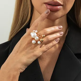 French Vintage Pearl Open Ring - Adjustable Multi-Pearl Stackable Finger Ring, Gold-Plated Alloy Imitation Pearl Jewelry for Women