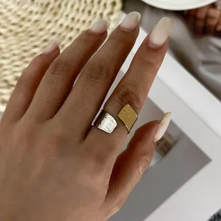 Stainless Steel Geometric Ring Women Wide Square Band Hammered Finish Two-Tone Gold Silver Minimalist Stackable Tarnish Free 1.8cm