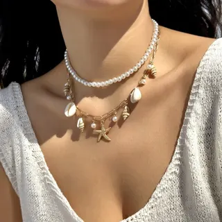 Ocean Starfish Shell Pearl Necklace Set - Double Layer Layered Choker, 18K Gold Plated Alloy with Imitation Pearls, Sea Star & Conch Pendants, Beach Vacation Jewelry, 38+5cm