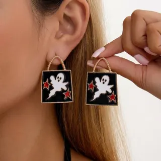 Halloween Dangle Earrings - Pumpkin Ghost Tree Branch Drop Earrings, Black Alloy with Enamel Pumpkin & Ghost Charms, 5.5x3.2cm, Party Cosplay Jewelry (Pair)
