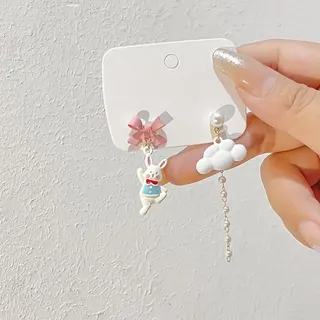 Cute Asymmetric Dangle Earrings - Pink Bow Bunny & Cloud Pearl Drop Earrings, Alloy Acrylic Imitation Pearl, Sweet Kawaii Girl Jewelry Gift