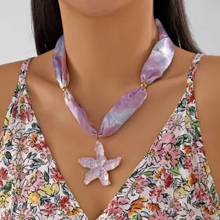 Boho Scarf Necklace with Starfish Pendant, Stainless Steel Tied Silk Ribbon Choker, French Vacation Style Adjustable Collar Necklace for Women