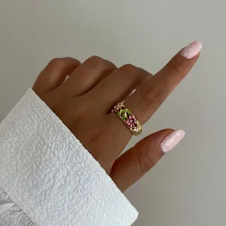 Vintage Floral Enamel Cuff Bracelet - Gold Tone Copper with Rhinestone & Pearl, Openwork Leaf & Flower Design, Boho Summer Jewelry for Women