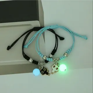 Glow in the Dark Cat Couple Bracelet, Black & Blue Woven Cord with Alloy Charm, Adjustable 14-22cm, Pair Set