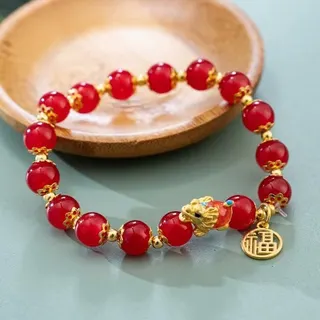 Red Dragon Turtle Beaded Bracelet with Fu Charm, Elastic Glass Beads & 18K Gold Plated Alloy, Lucky Chinese New Year Gift for Women