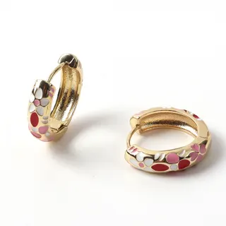 Vintage Floral Enamel Hoop Earrings 18K Gold Plated Copper C-Sharp Clip-On Earrings Red Pink Petal Design Sweet Elegant Daily Jewelry