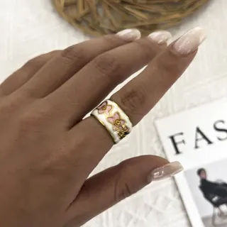 Pink Enamel Wave Ring with 18K Gold Edge - Stainless Steel Wide Band Finger Ring, Hypoallergenic Tarnish-Free French Vintage Jewelry for Women