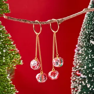 Christmas Tassel Pom Pom Earrings, Red Green Glitter Ball Dangle Earrings, Gold Hoop Holiday Party Jewelry Gift for Women