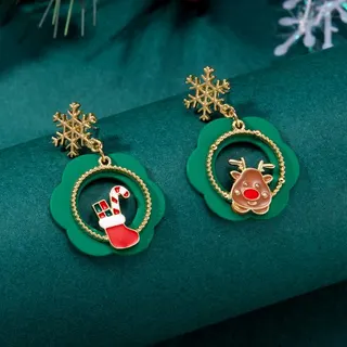 Christmas Earrings for Women Asymmetric Snowflake Reindeer Stocking Dangle Earrings, Alloy 18K Gold Plated Enamel Flower Drop Earrings, Holiday Party Gift Jewelry Green