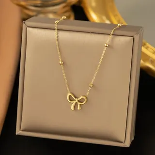 Butterfly Knot Necklace for Women, 18K Gold Plated Stainless Steel Choker with Beaded Chain, Hypoallergenic Adjustable 45+5cm, Elegant Gift Box