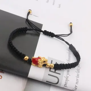 Dragon Year Lucky Pixiu Bracelet, 18K Gold Plated Alloy, Adjustable Braided Cord with Red Gemstone, Chinese Zodiac Wealth Charm Gift