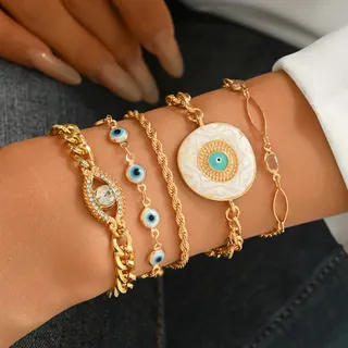 Evil Eye Bracelet Set 5pcs Gold Boho Layered Charm Bracelets with Rhinestone & Mother of Pearl Disc, Blue Evil Eye Protection Jewelry for Women
