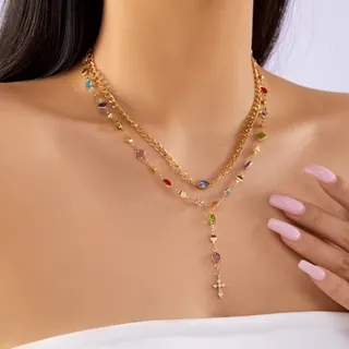 Gold Double Layer Y-Shape Necklace with Cross Pendant, Multi-Color Zircon Inlay, Copper Alloy Chain, Adjustable 40+5cm, Elegant Statement Collarbone Chain for Women