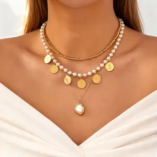 Vintage Portrait Coin Pearl Necklace 3-Piece Set, Layered Gold-Plated Alloy with Freshwater Pearl & Zircon, Baroque Pendant Choker, 35/40/50cm