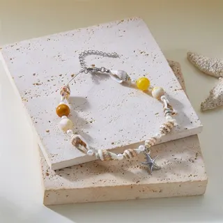 Summer Seashell Beaded Bracelet with Four Leaf Clover Charm, Natural Shell & Pearl Strand, Adjustable 18+5cm Lucky Boho Jewelry for Women