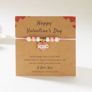 Valentine's Day Braided Bracelet - Handmade Red Cord with Heart Love Charm, Alloy & Polymer Clay Beads, Adjustable 16-28cm, Romantic Gift for Her