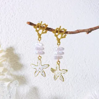 Seaside Starfish Dangle Earrings - Gold Openwork Baroque Pearl Drop Earrings, Boho Ocean Style Long Tassel Earrings for Women, 7.5cm